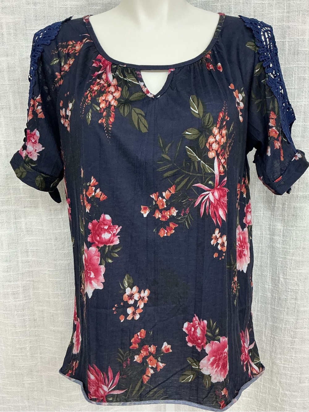 New York Laundry Cold Shoulder Navy Floral Blouse with Pink Accents